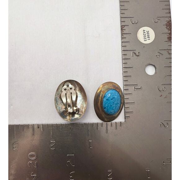 Vintage 50s Modernist Sterling Silver Studio Earrings Blue Stone - Picture 9 of 9